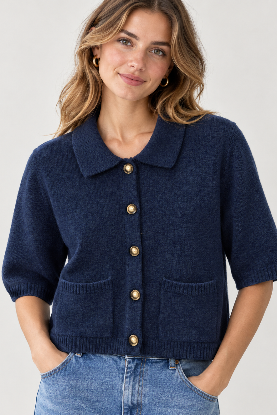 Collared Short Sleeve Button Front Cardigan in Navy