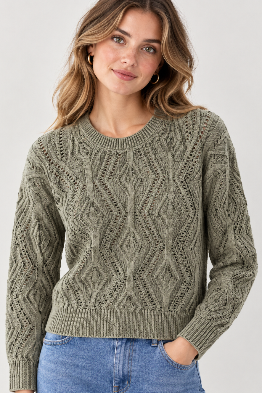 Long Sleeve Open Weave Cable Knit Sweater