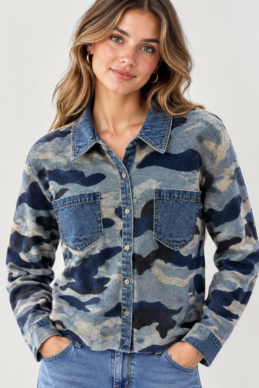 Camo Inspired Denim Button front Sweater
