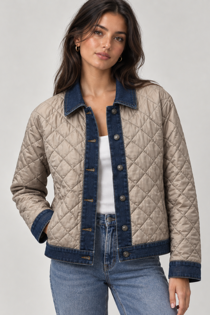 Puffer Coat with Denim Details