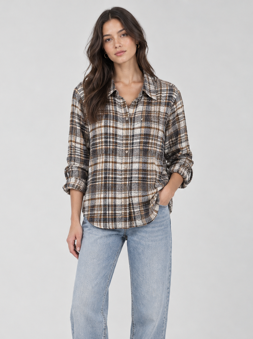 Brown Plaid Button Front Blouse