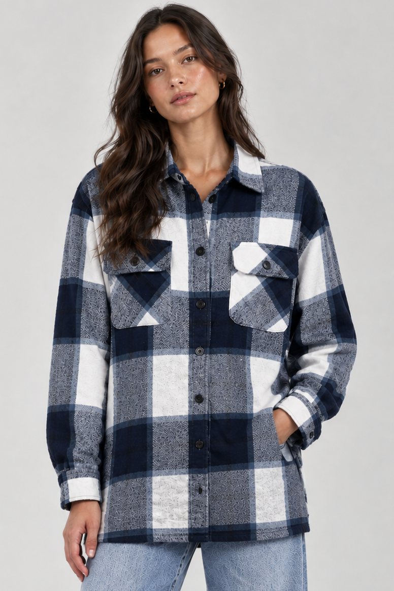 Plaid Flannel Shacket in Navy and White