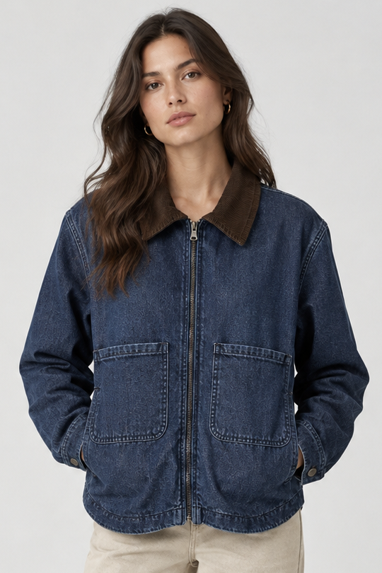 Denim Barn Jacket with Brown Corduroy Collar