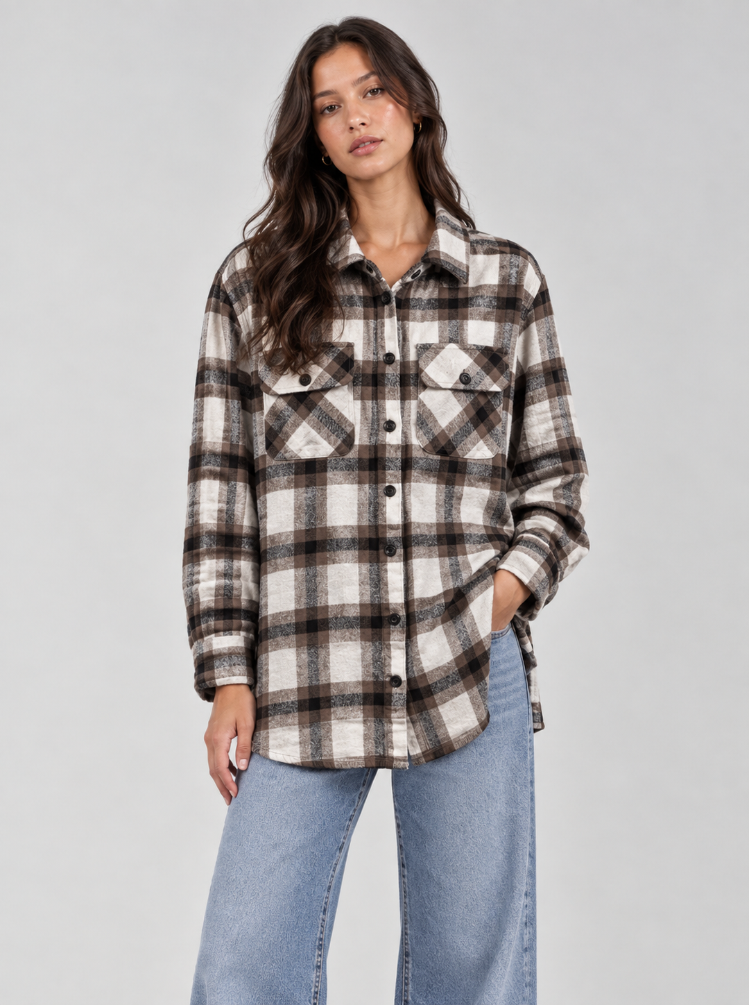 Plaid Flannel Shacket in Mushroom and Black