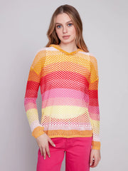 Striped Fishnet Crochet Hoodie Sweater