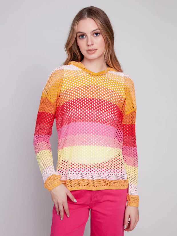 Striped Fishnet Crochet Hoodie Sweater