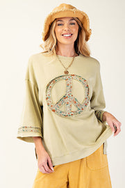 Washed Terry Floral Peace Sign Pullover in Sage