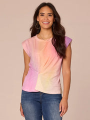 Extended Cap Sleeve Crew Neck Side Pleated Placement Print Knit Top