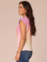 Extended Cap Sleeve Crew Neck Side Pleated Placement Print Knit Top