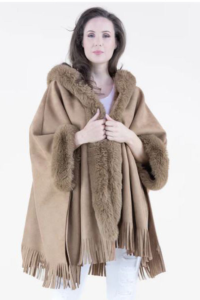 Faux Suede and Fur Trim Hooded Cape in Camel