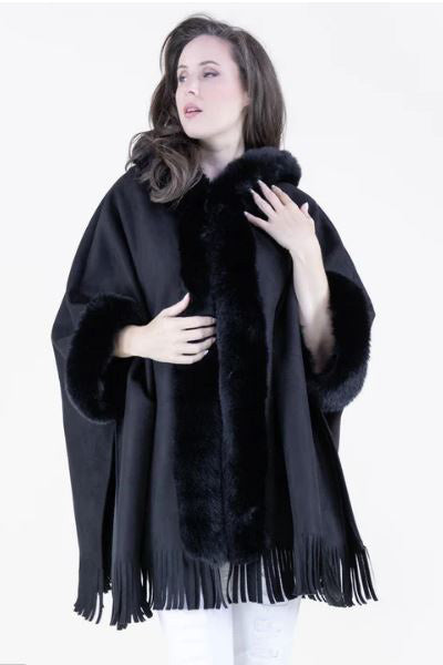 Faux Suede and Fur Trim Hooded Cape in Black