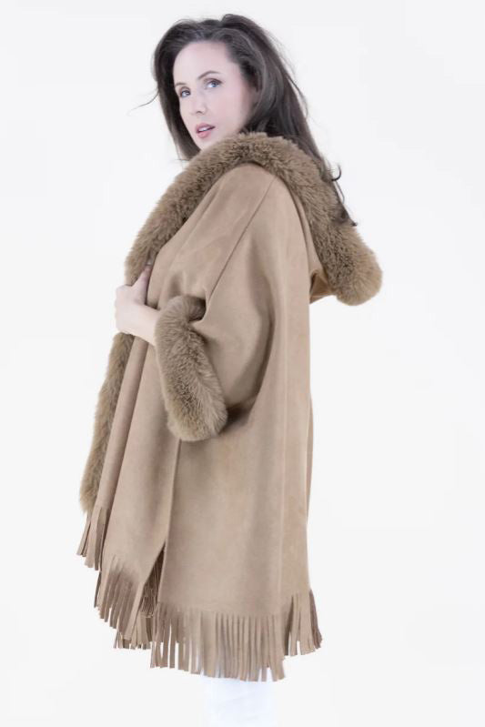 Faux Suede and Fur Trim Hooded Cape in Camel