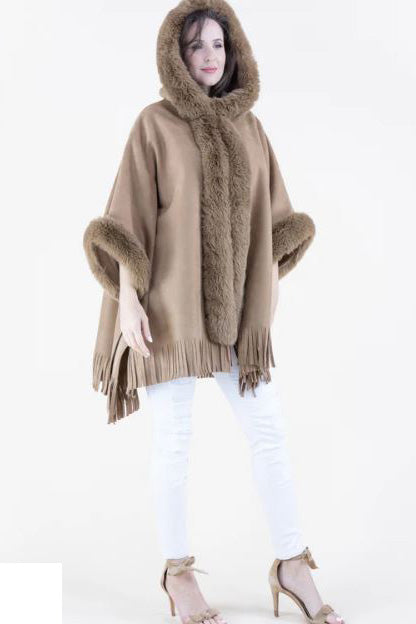 Faux Suede and Fur Trim Hooded Cape in Camel