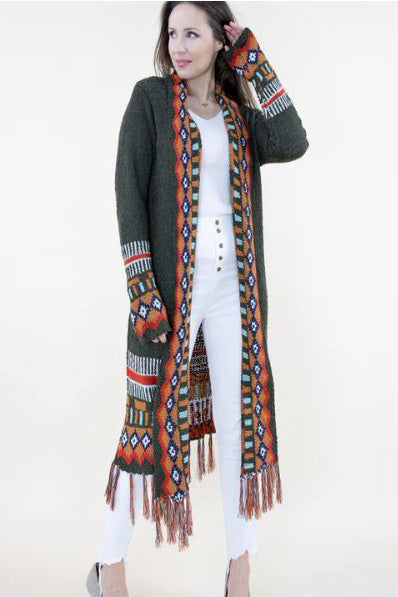 Tribal Cardigan with Fringe in Olive