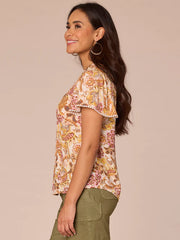 Flounce Sleeve Stand Collar Button Down Printed Petite Woven Top
