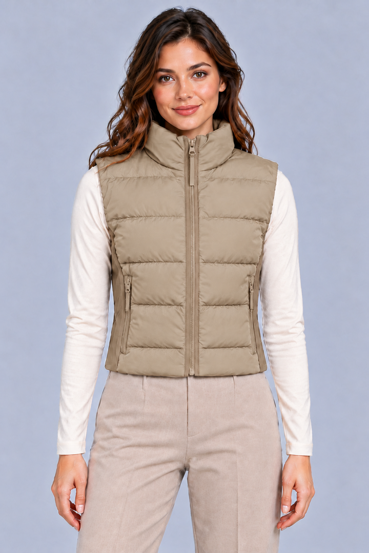 Quilted Cropped Pufffer Vest in Khaki