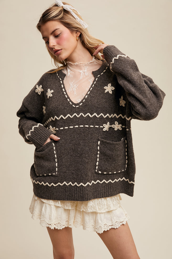 Embroidered Knit Sweater in Smoky Charcoal