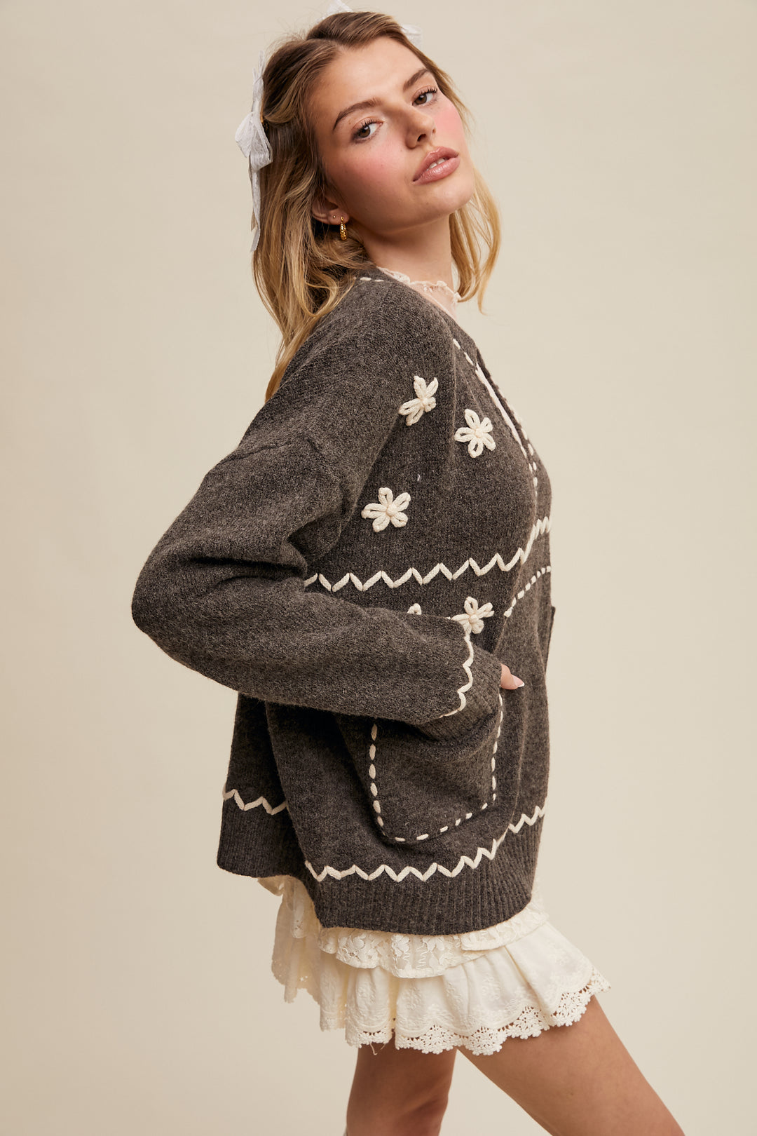 Embroidered Knit Sweater in Smoky Charcoal