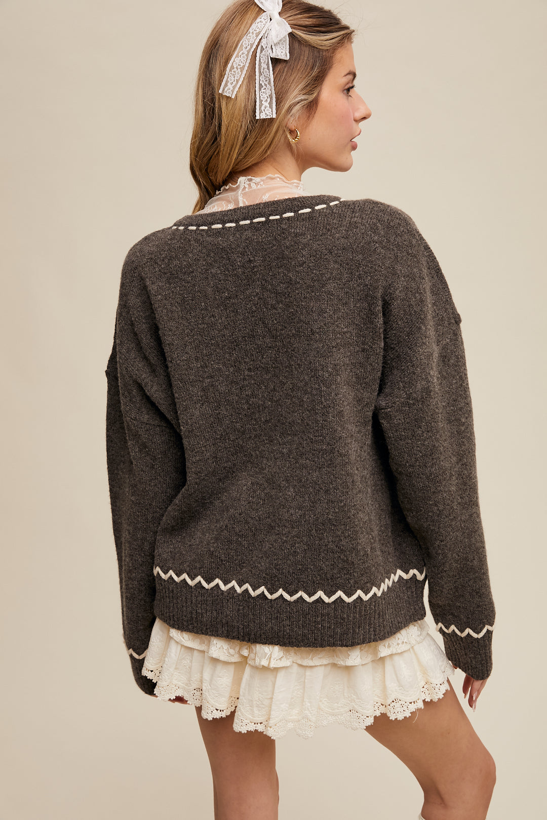 Embroidered Knit Sweater in Smoky Charcoal