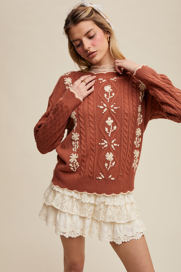 Floral Embroidered Cable Knit Sweater in Terracotta