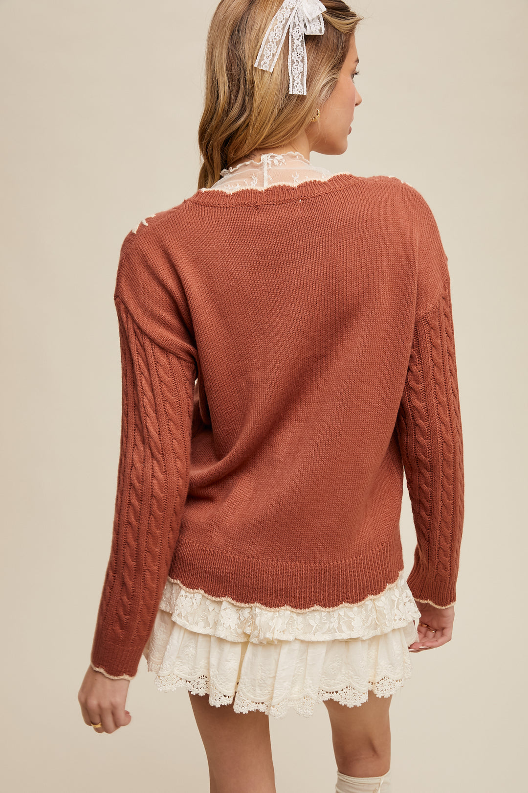 Floral Embroidered Cable Knit Sweater in Terracotta