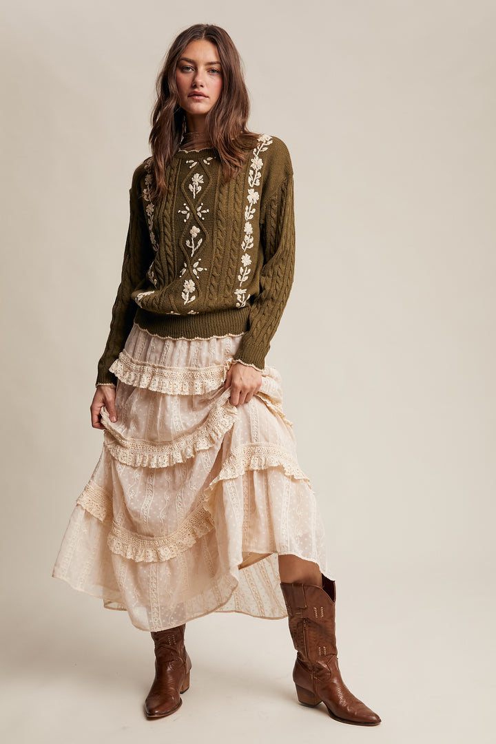 Floral Embroidered Cable Knit Sweater in Olive