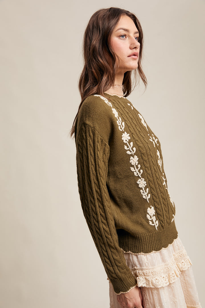 Floral Embroidered Cable Knit Sweater in Olive