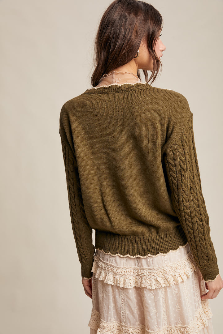 Floral Embroidered Cable Knit Sweater in Olive