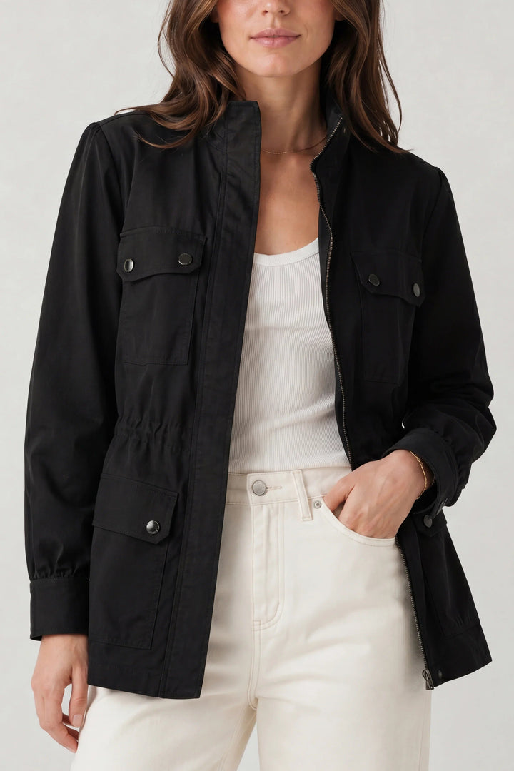 Utility Jacket with Patch Pockets and Drawcord Waist in Black
