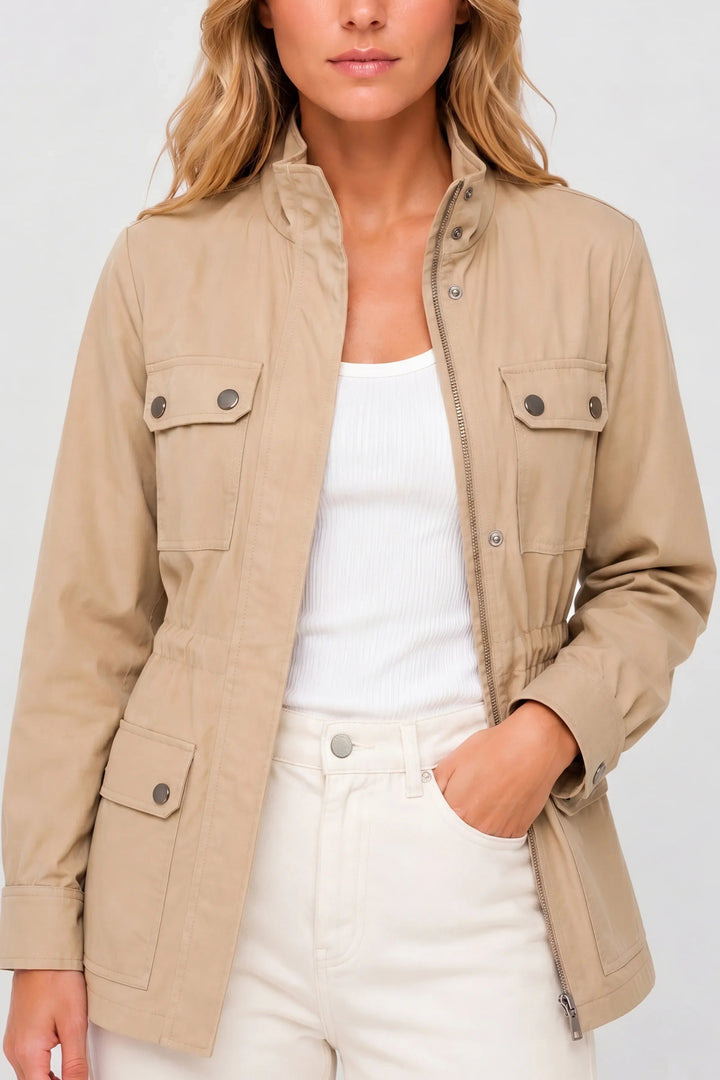 Utility Jacket with Patch Pockets and Drawcord Waist in Harvest Khaki