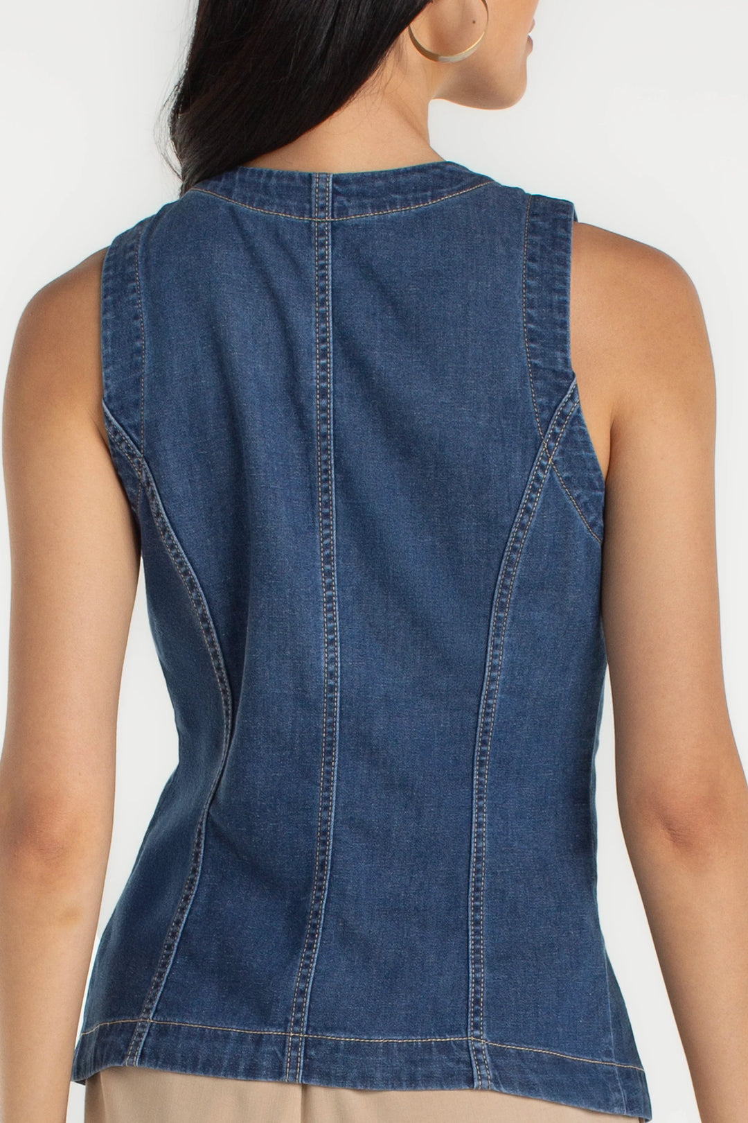 Crew Neck Split Front Vest in Denim