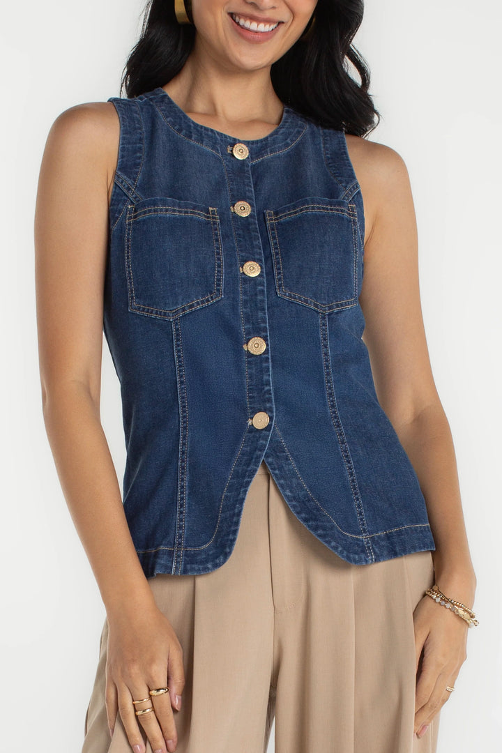 Crew Neck Split Front Vest in Denim
