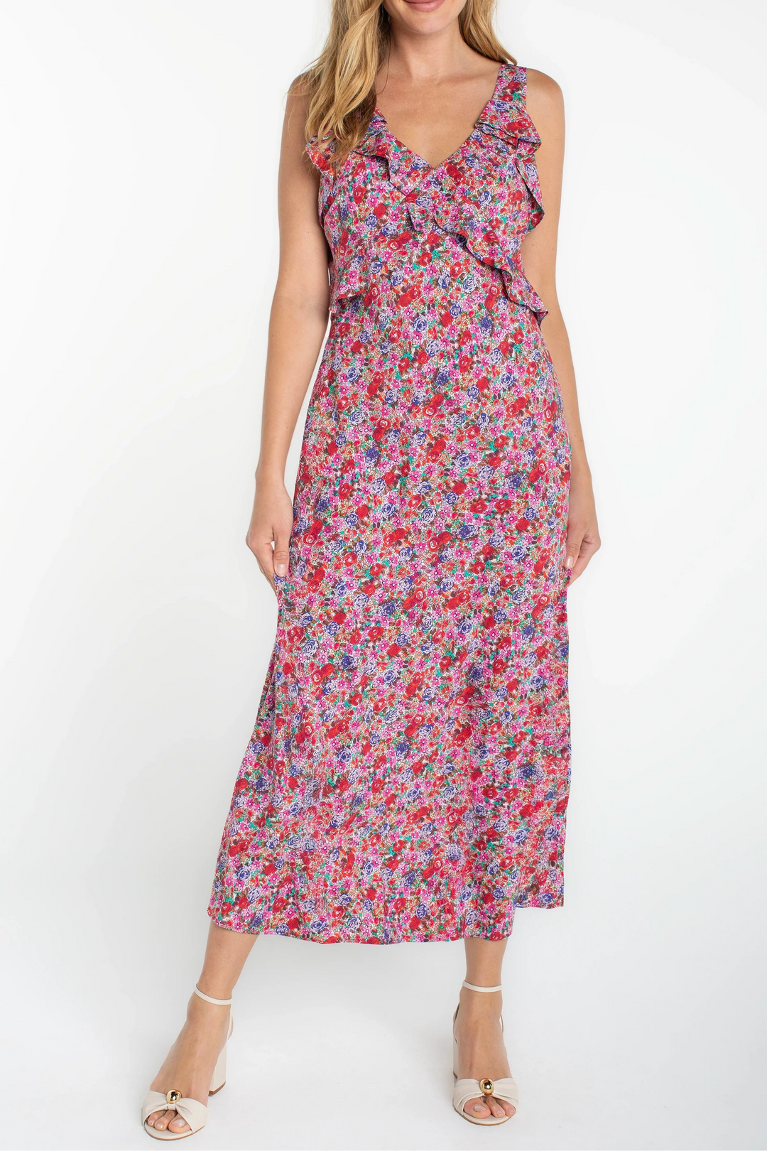 Sleeveless Ruffle Front Floral Maxi Dress