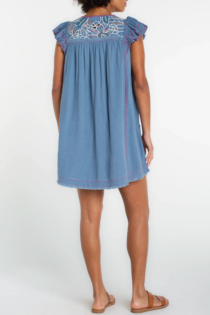 Embroidered Flutter Sleeve Dress