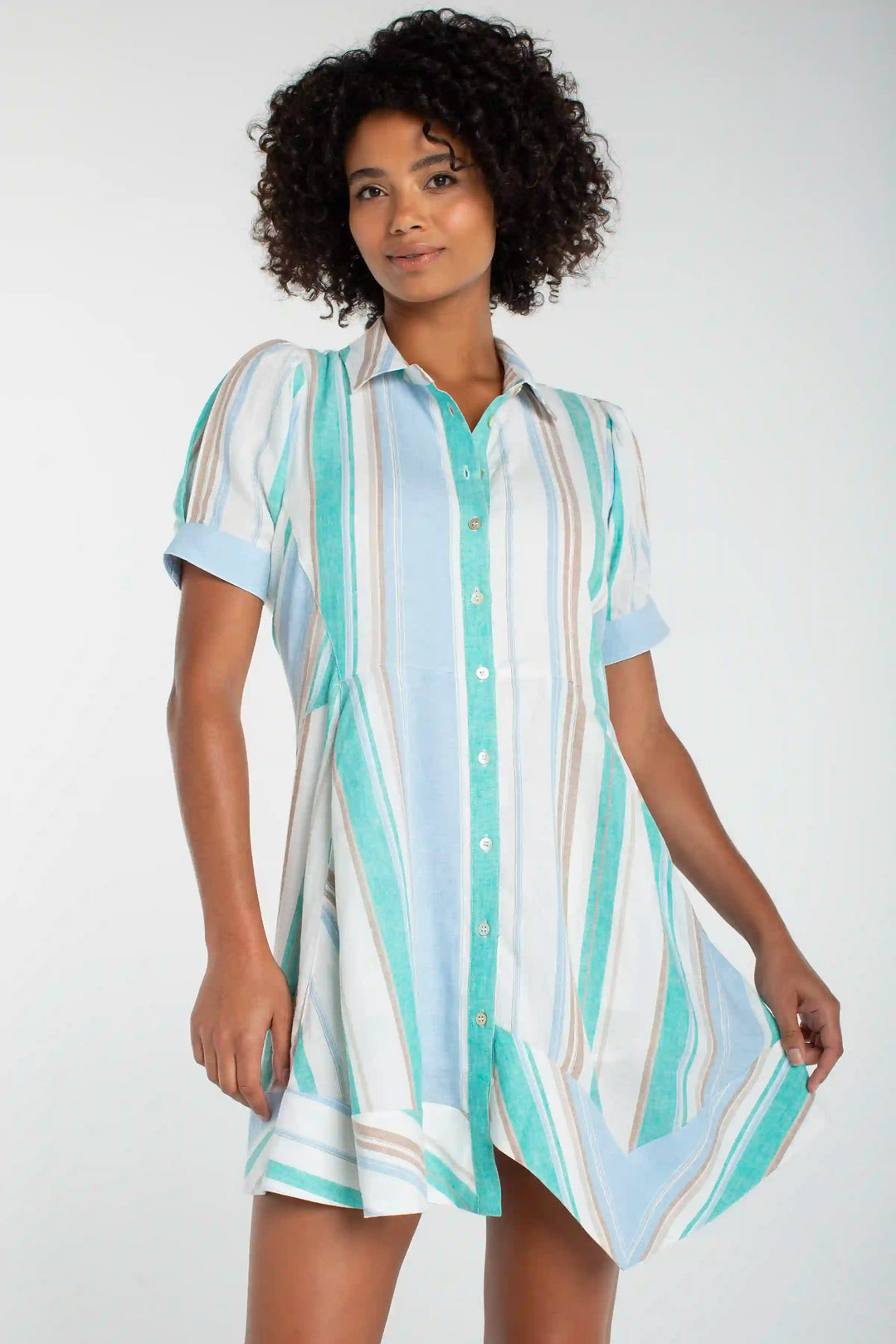 Women's Raglan Asymmetrical Woven Shirt Dress - Cream Teal Multi Stripe, Size XL