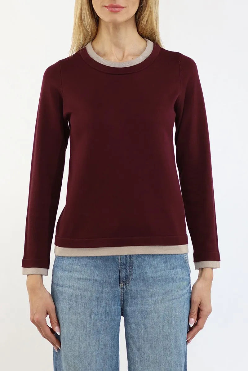 Twofer Crew Knit Top in Mauve Wine/Sandstone