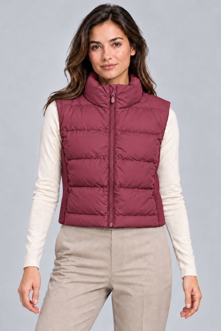 Quilted Cropped Pufffer Vest in Burgundy