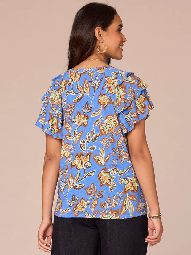 Short Three Tiered Bell Sleeve V-Neck Printed Knit Top