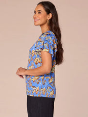Short Three Tiered Bell Sleeve V-Neck Printed Knit Top