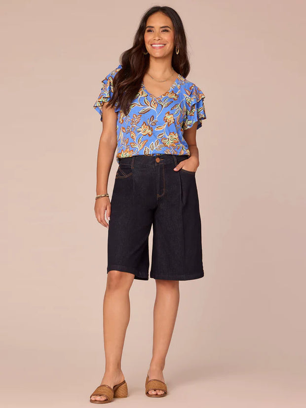 Short Three Tiered Bell Sleeve V-Neck Printed Knit Top
