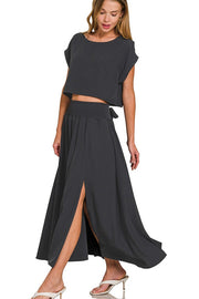 Heavy Woven Crop Tee and Skirt in Black