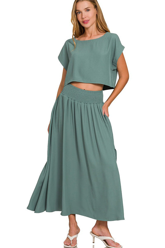 Heavy Woven Crop Tee and Skirt in Ash Jade