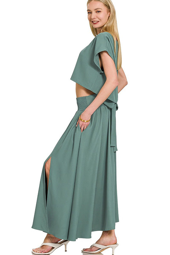 Heavy Woven Crop Tee and Skirt in Ash Jade