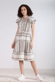 Geometric Print Three Tier Dress with Ruffle Sleeve