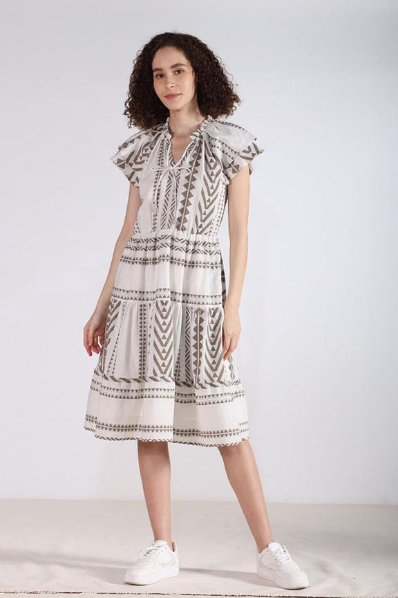 Geometric Print Three Tier Dress with Ruffle Sleeve