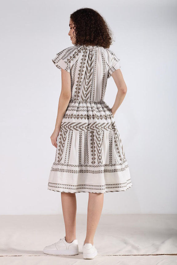 Geometric Print Three Tier Dress with Ruffle Sleeve