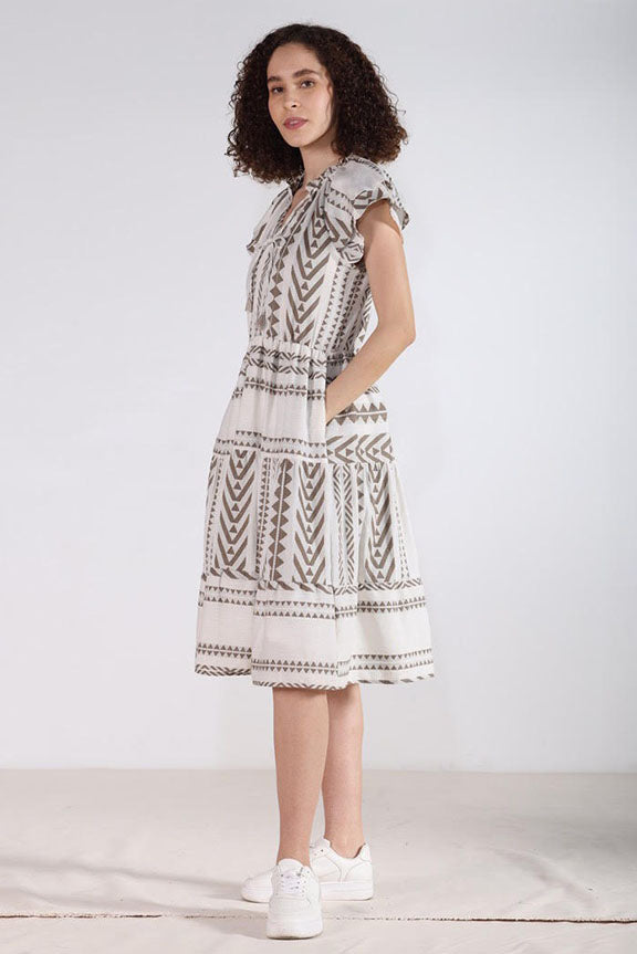 Geometric Print Three Tier Dress with Ruffle Sleeve