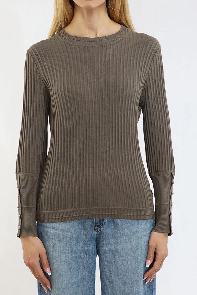Ribbed Crew Neck Long Sleeve Sweater in Sea Island