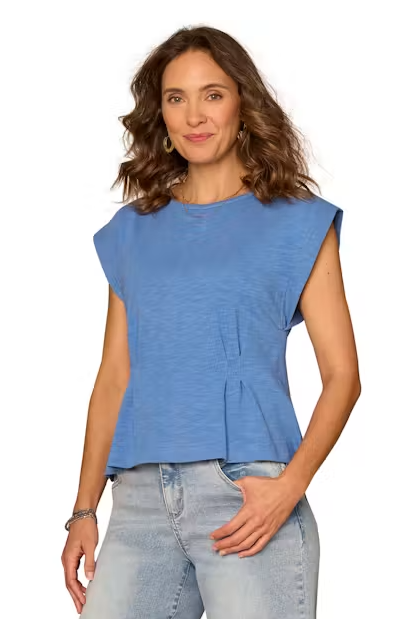 Cap Sleeve Peplum Hem Top in Mediterranean Blue