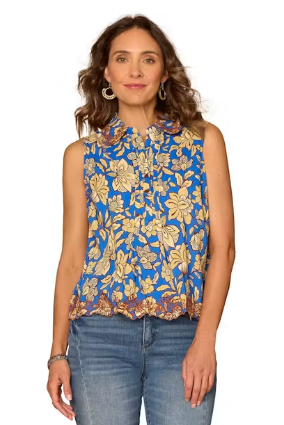 Sleeveless Blouse with Collared Neck and Scallop Hem